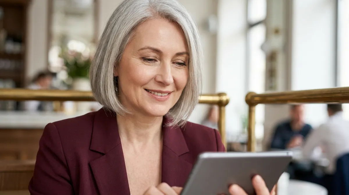 Patronne de bistrot lisant les avis Google de son établissement sur une tablette