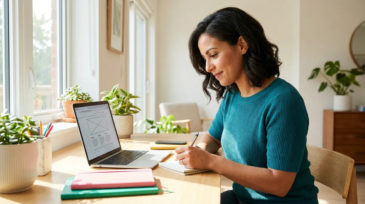 Entrepreneur rédigeant le cahier des charges de son site internet à son bureau