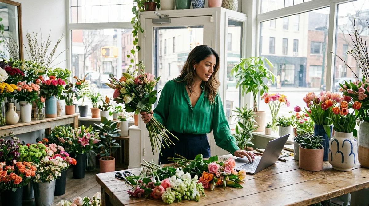 Fleuriste calculant le coût de son site internet dans sa boutique