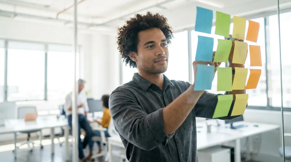 Jeune homme planifiant la structure de son site vitrine avec des post-it dans un espace de coworking