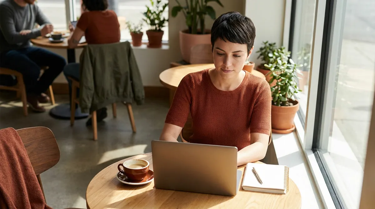 Jeune femme créant son site internet sur son ordinateur portable dans un café