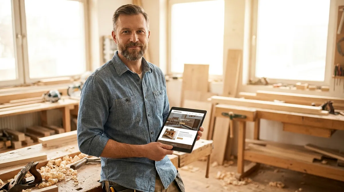 Artisan menuisier consultant son site internet sur une tablette dans son atelier