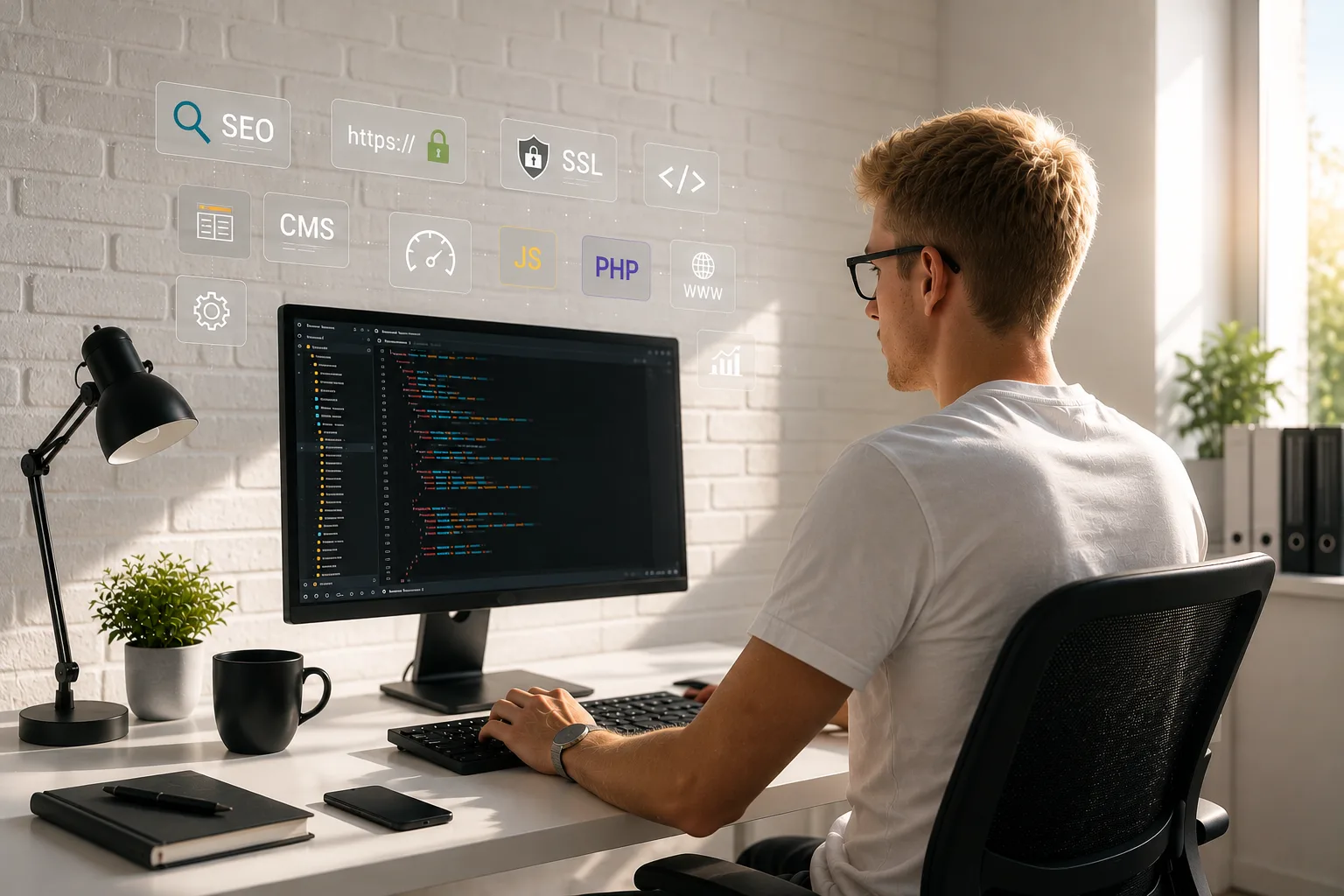 Développeur web concevant un site internet, entouré d'icônes SEO, SSL, CMS, JavaScript et PHP