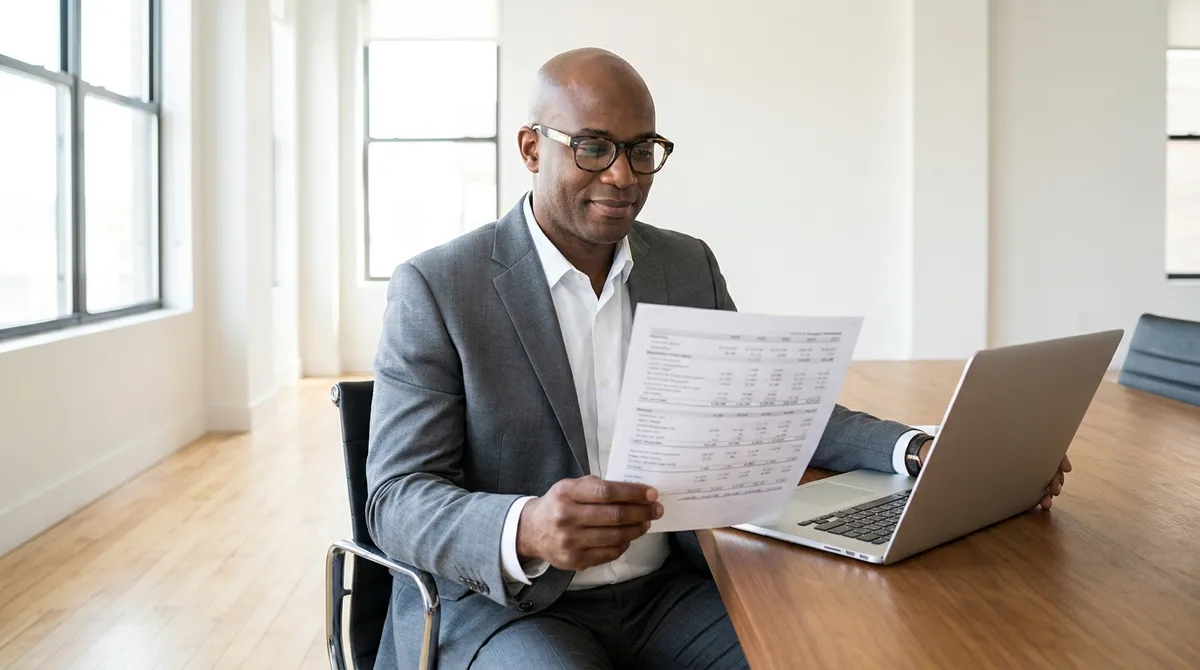 Entrepreneur analysant un devis de création de site internet dans son bureau