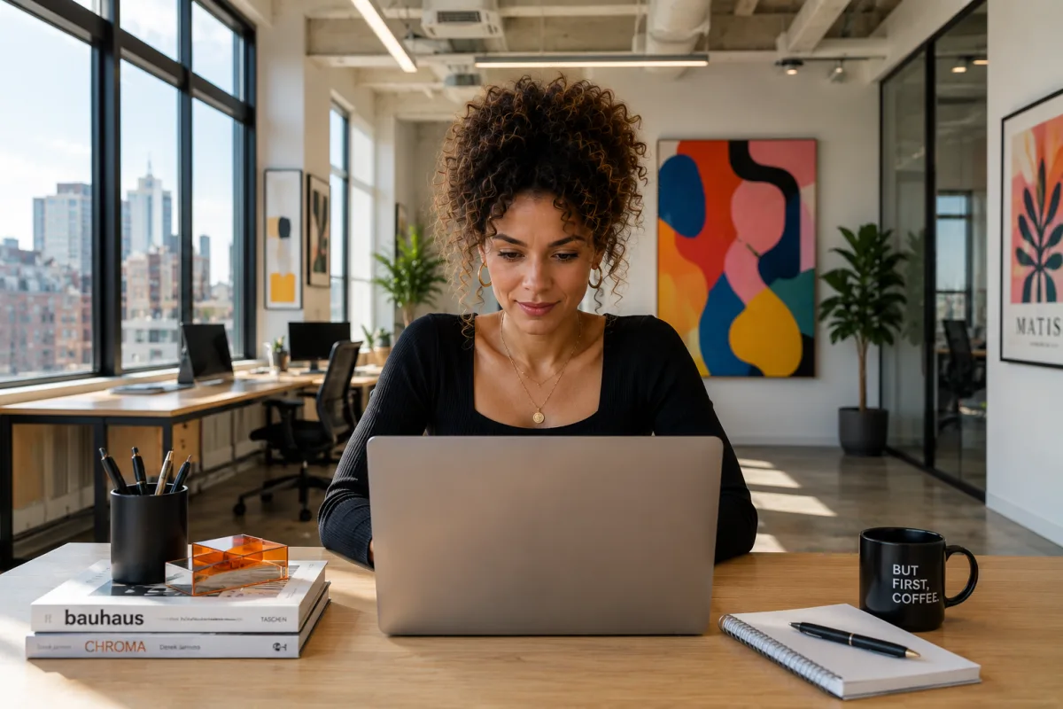 Rédactrice travaillant sur son ordinateur portable dans un bureau lumineux