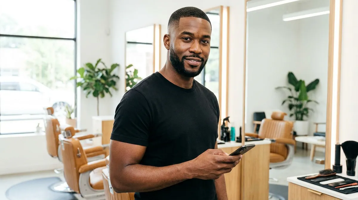 Barbier consultant sa fiche Google sur son téléphone dans son salon