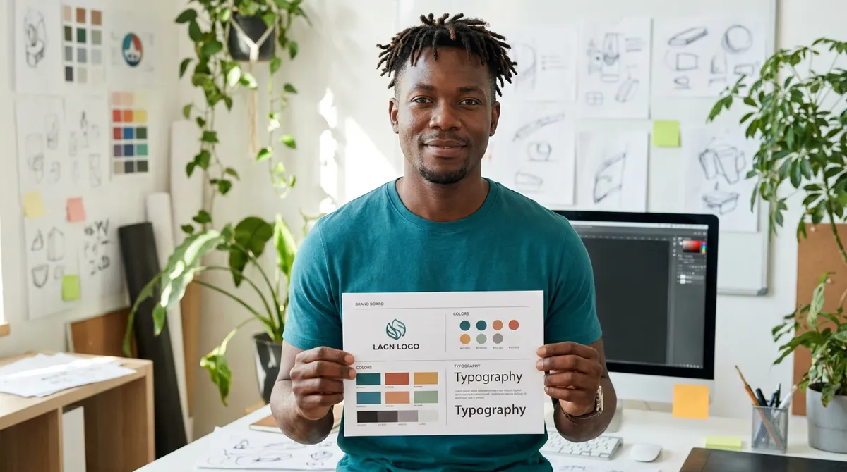 Graphiste présentant une charte graphique avec logo, couleurs et typographies