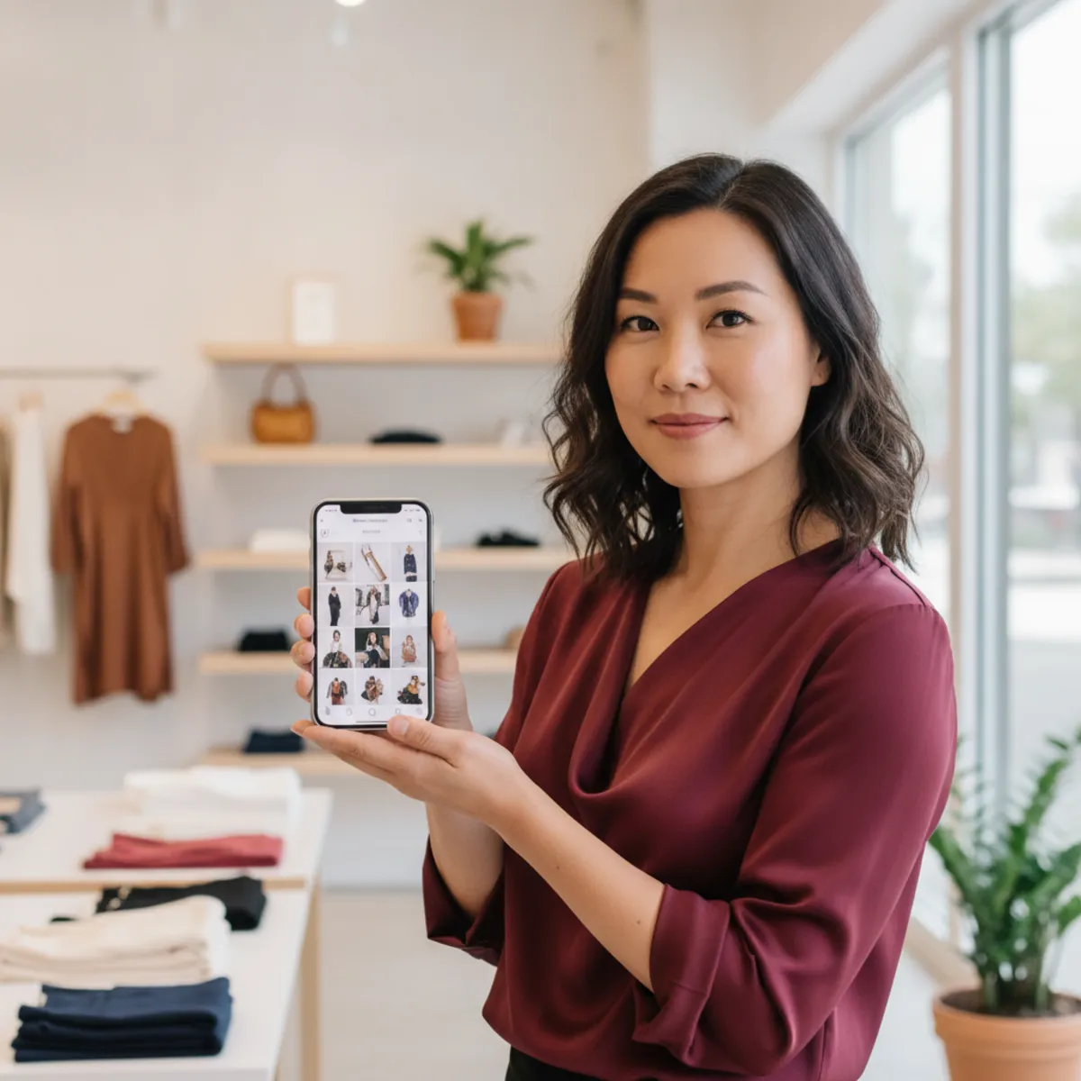 Gérante gérant le compte Instagram professionnel de son entreprise sur son téléphone
