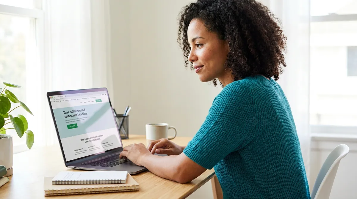 Rédactrice concevant une page de vente sur son ordinateur
