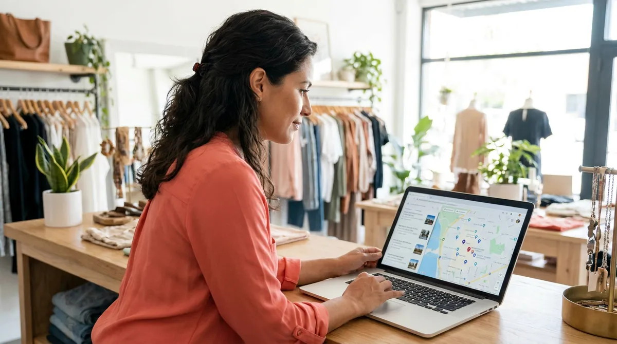 Commerçante vérifiant le référencement local de son entreprise sur une carte en ligne