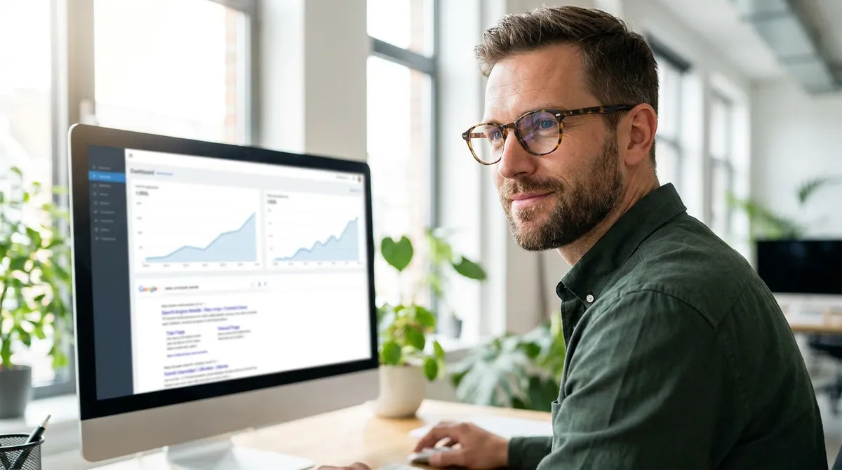 Consultant en référencement naturel analysant le positionnement d'un site sur son écran