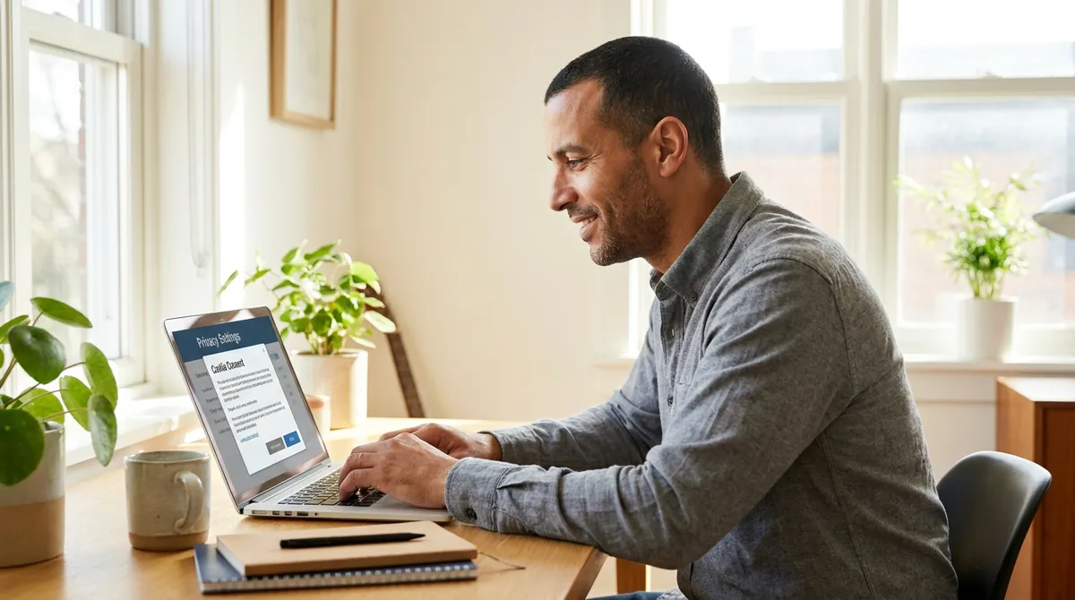 Entrepreneur configurant la conformité RGPD et le bandeau cookies de son site