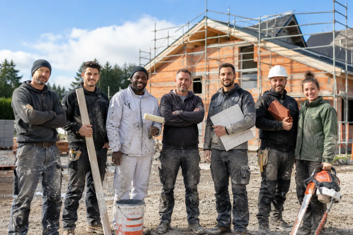 Équipe d'artisans du bâtiment devant une maison en construction