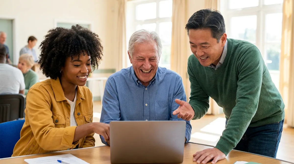 Bénévoles d'une association travaillant ensemble sur le site internet de leur structure