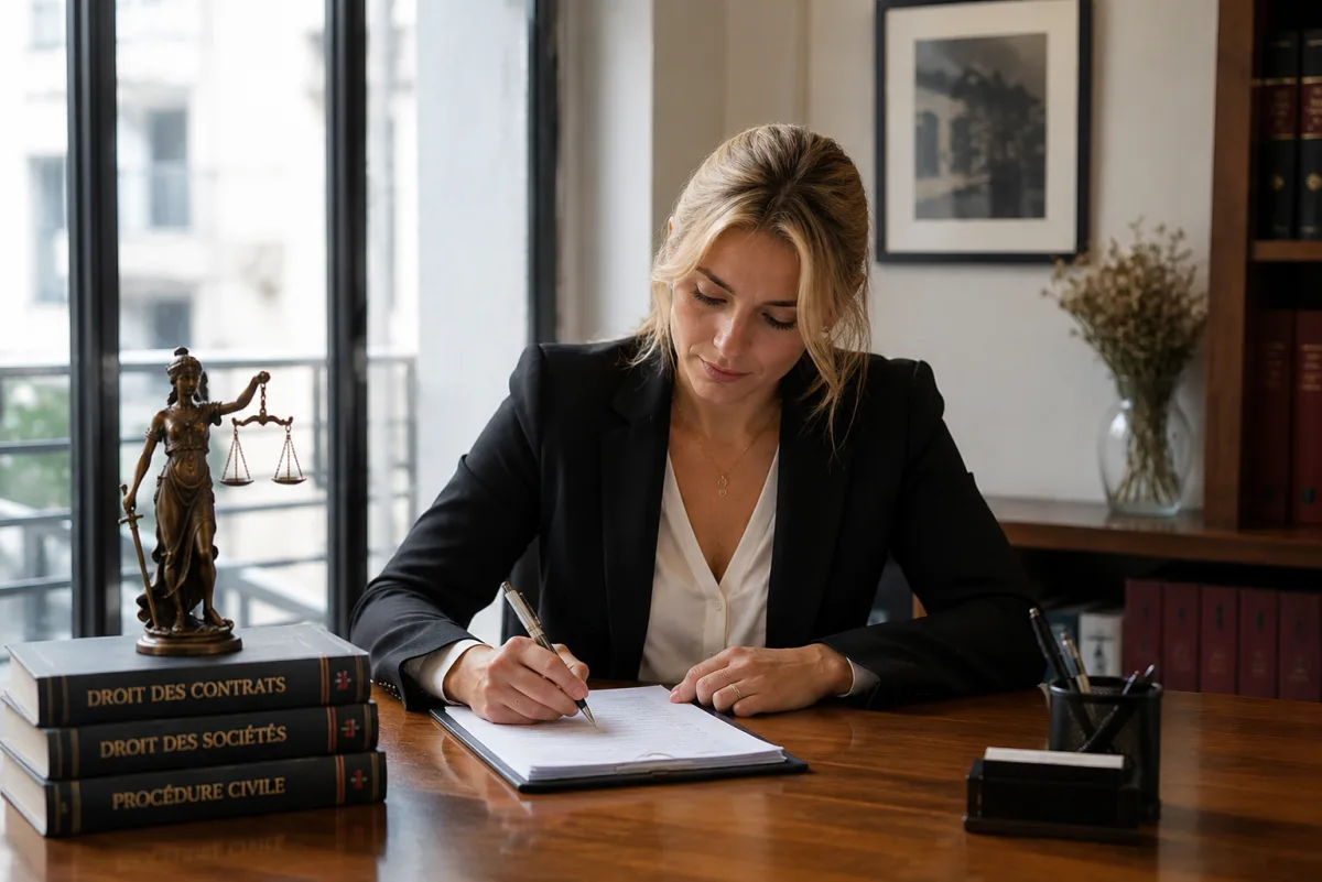 Avocate rédigeant un document à son bureau, balance de la justice à côté