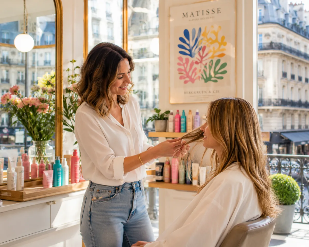 Coiffeuse coiffant une cliente dans un salon lumineux