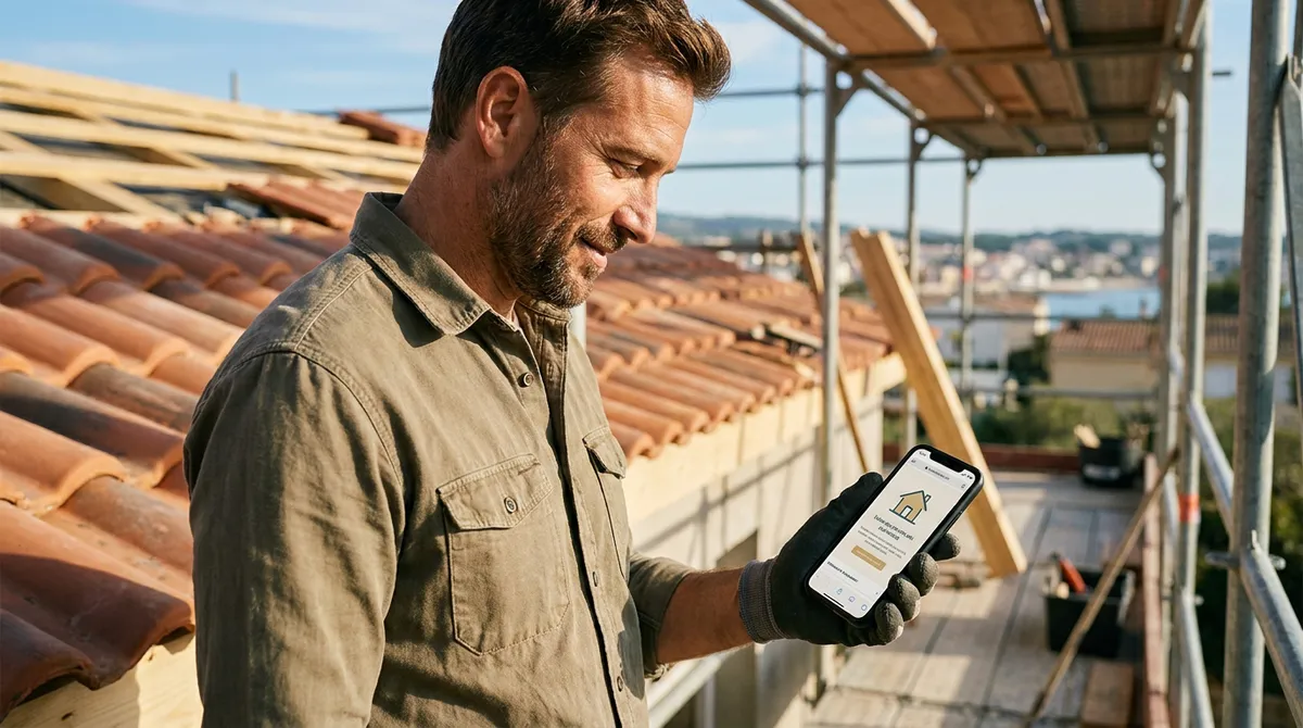Couvreur consultant le site internet de son entreprise sur un chantier de toiture
