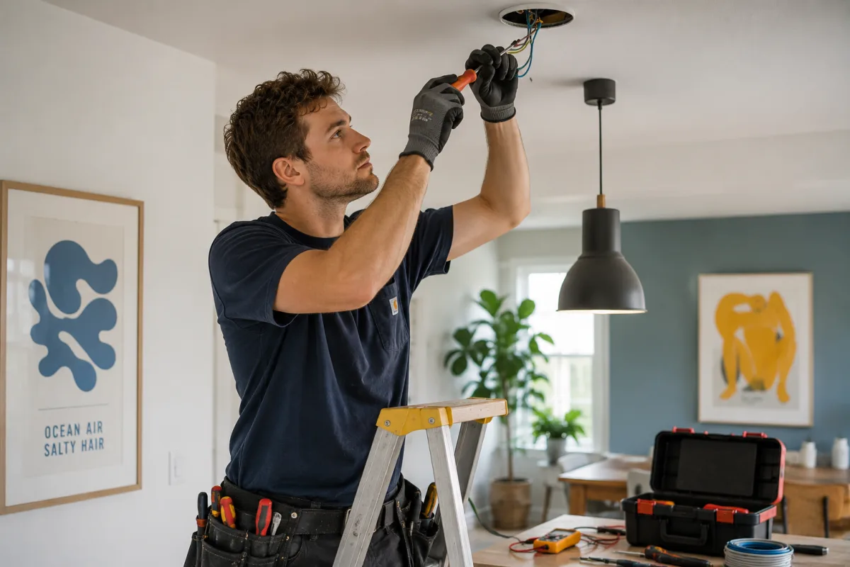 Électricien installant un luminaire au plafond