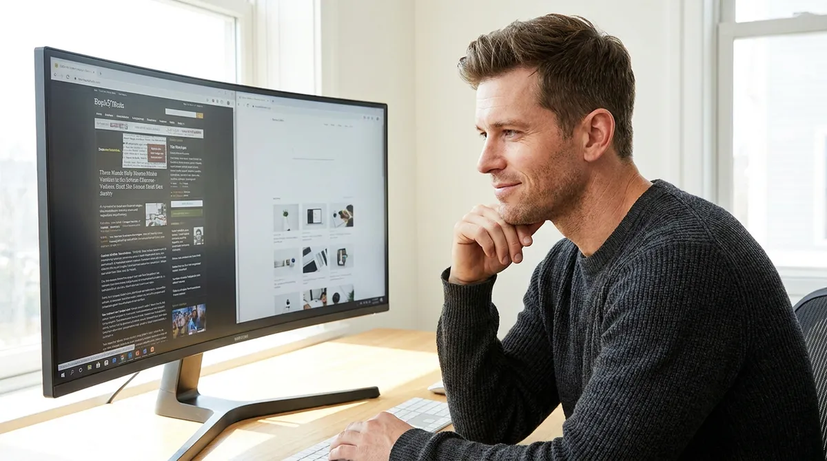 Entrepreneur comparant un site internet gratuit et un site professionnel sur son écran