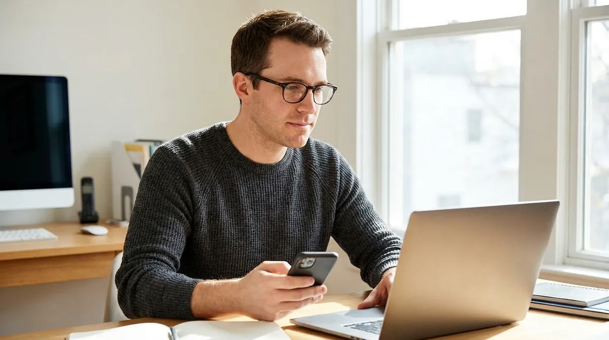 Gérante d'entreprise hésitant entre site internet et réseaux sociaux sur son ordinateur