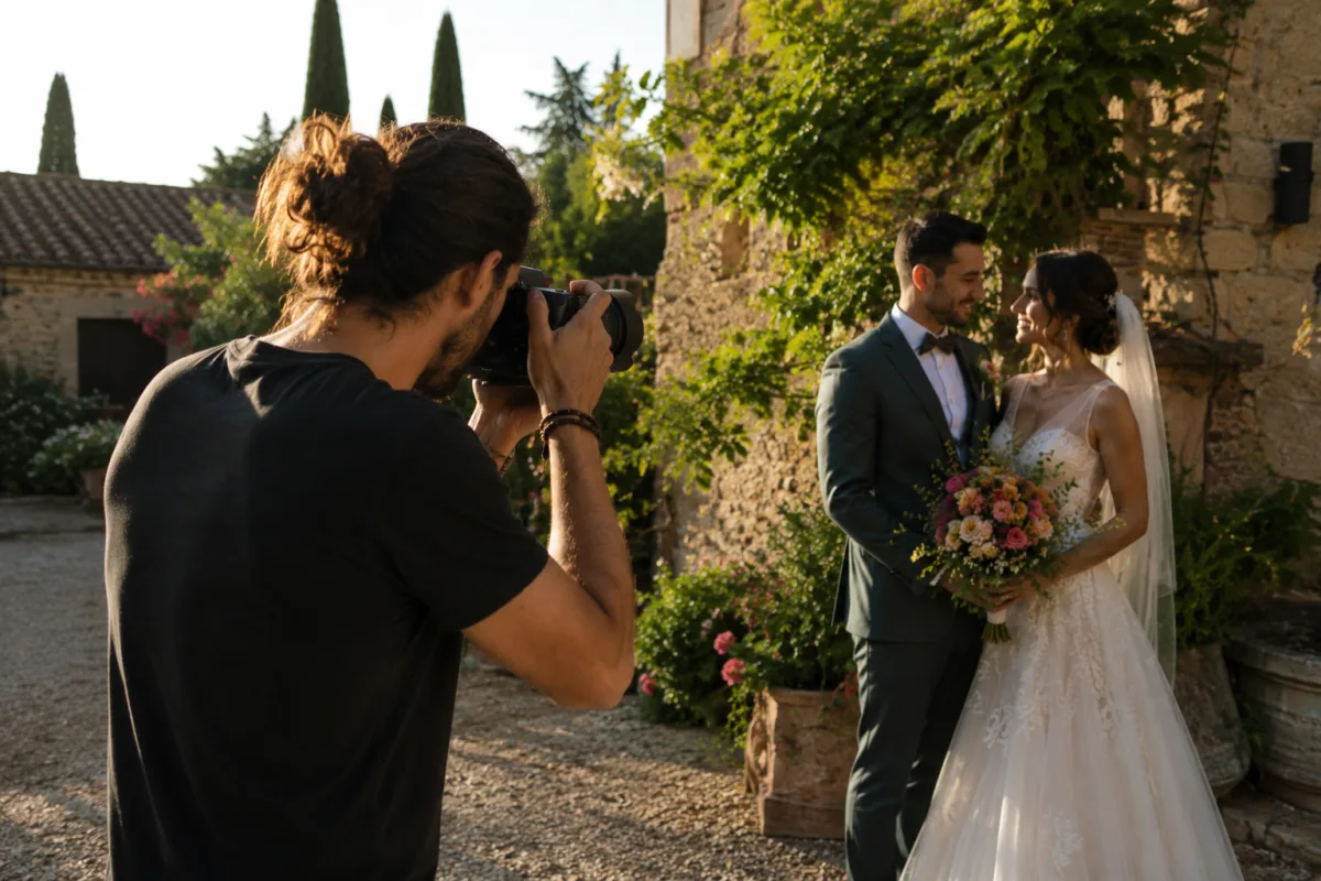 Photographe de mariage photographiant un couple de mariés au coucher du soleil