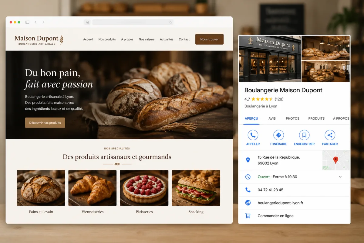 Site internet d'une boulangerie affiché à côté de sa fiche Google Business Profile